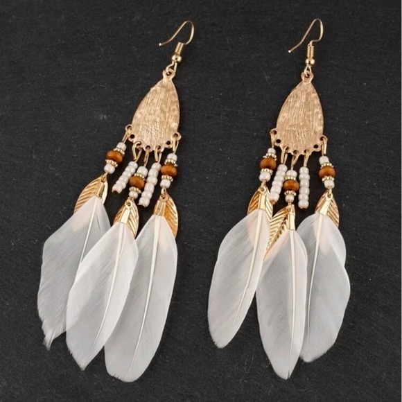 Gold & white Boho feather earrings beaded tassel long drop festival 💖2/$30 - Picture 9 of 11